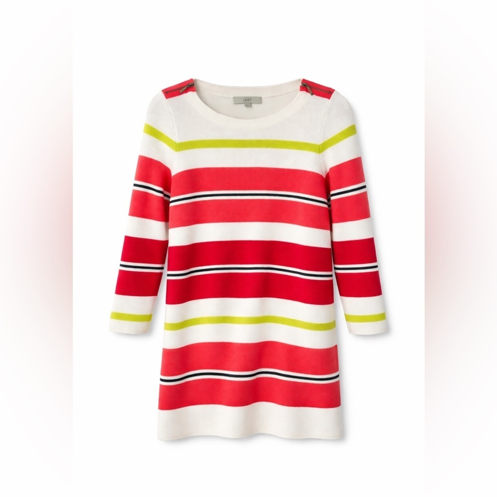 🌼 LOFT Striped Knit Sweater Dress / Tunic Pink White Yellow Size Small